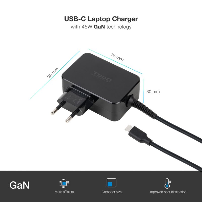 CARGADOR TOOQ PORTATIL GAN USB-C PD 45W NEGRO