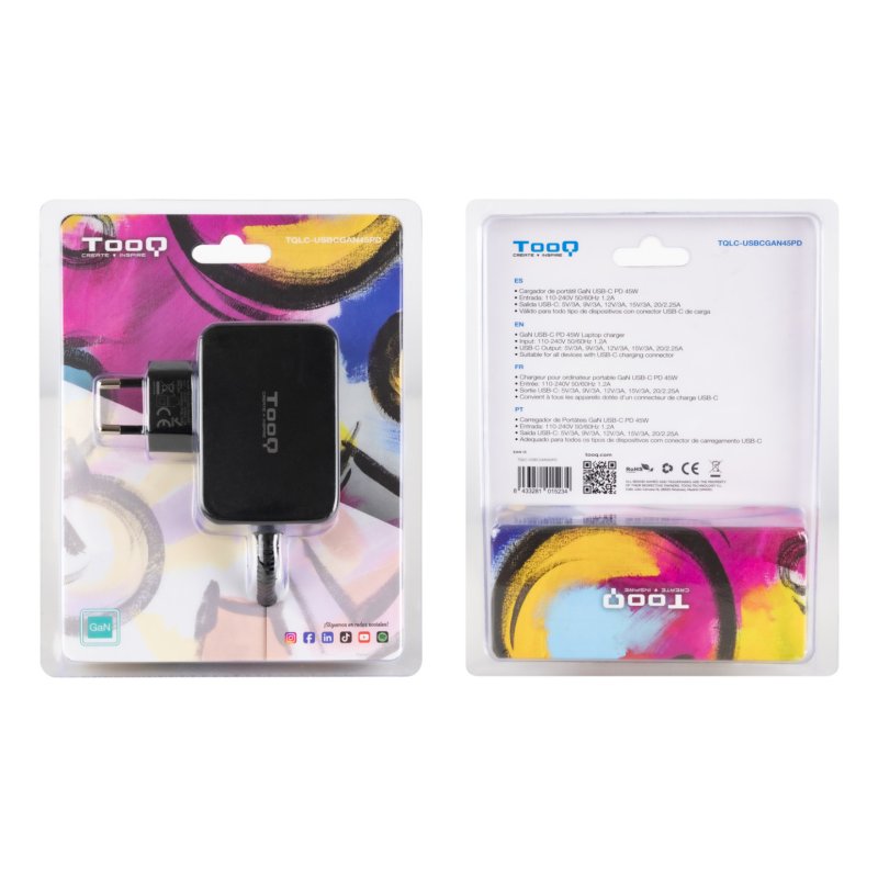 CARGADOR TOOQ PORTATIL GAN USB-C PD 45W NEGRO