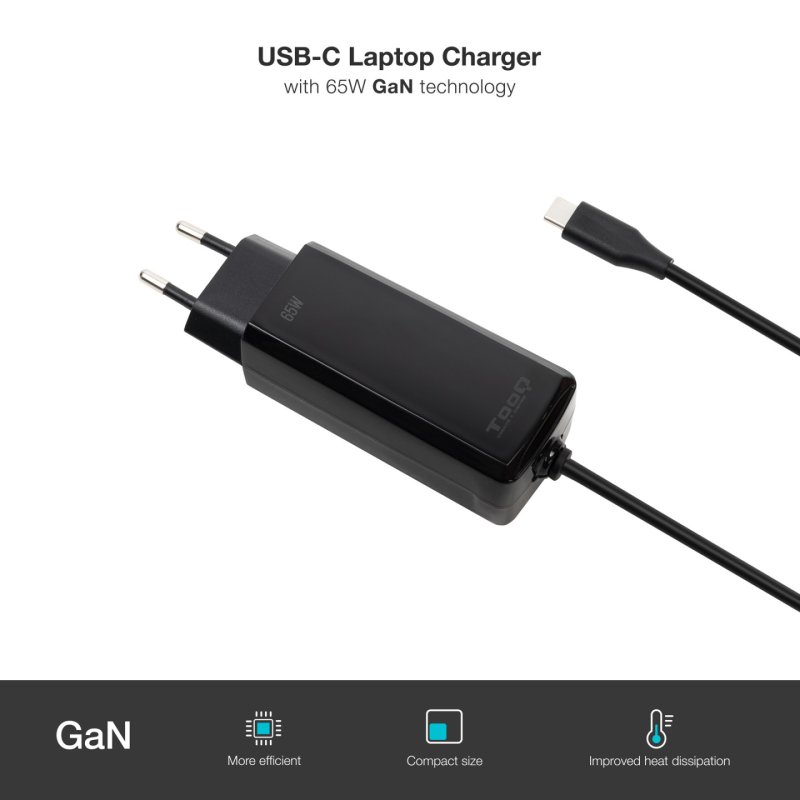 CARGADOR TOOQ PORTATIL GAN USB-C PD 65W CUBICO NEGRO