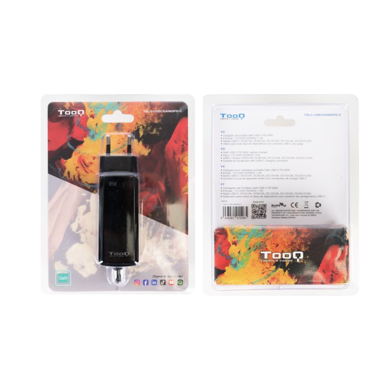 CARGADOR TOOQ PORTATIL GAN USB-C PD 65W CUBICO NEGRO