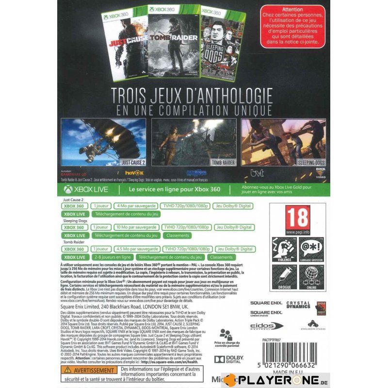 Square Enix Ultimate Action Pack : Tomb Raider + Just Cause 2 + Sleeping Dogs Xbox 360