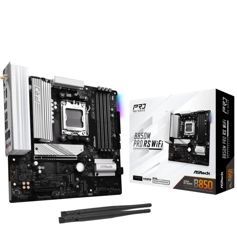 Asrock B850M PRO RS WIFI, AMD B850, AM5, Micro ATX, 4 DDR5, HDMI, DP, Wi-Fi 6E, 2.5G LAN, RGB, 3x M.2