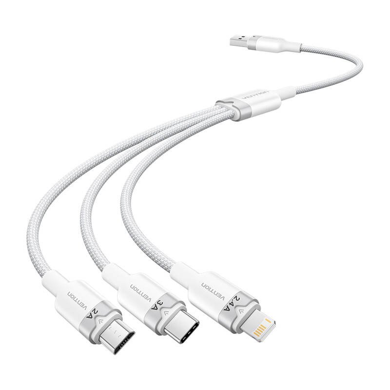 USB 2.0 A to 3in1 3A cable Vention CTPWG 1.5M (white)
