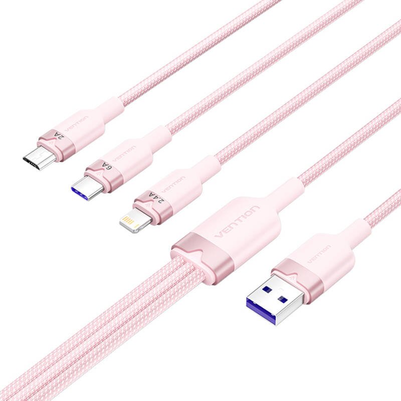 USB 2.0 A to 3-in-1 6A cable Vention CTRPG 1.5M (pink)