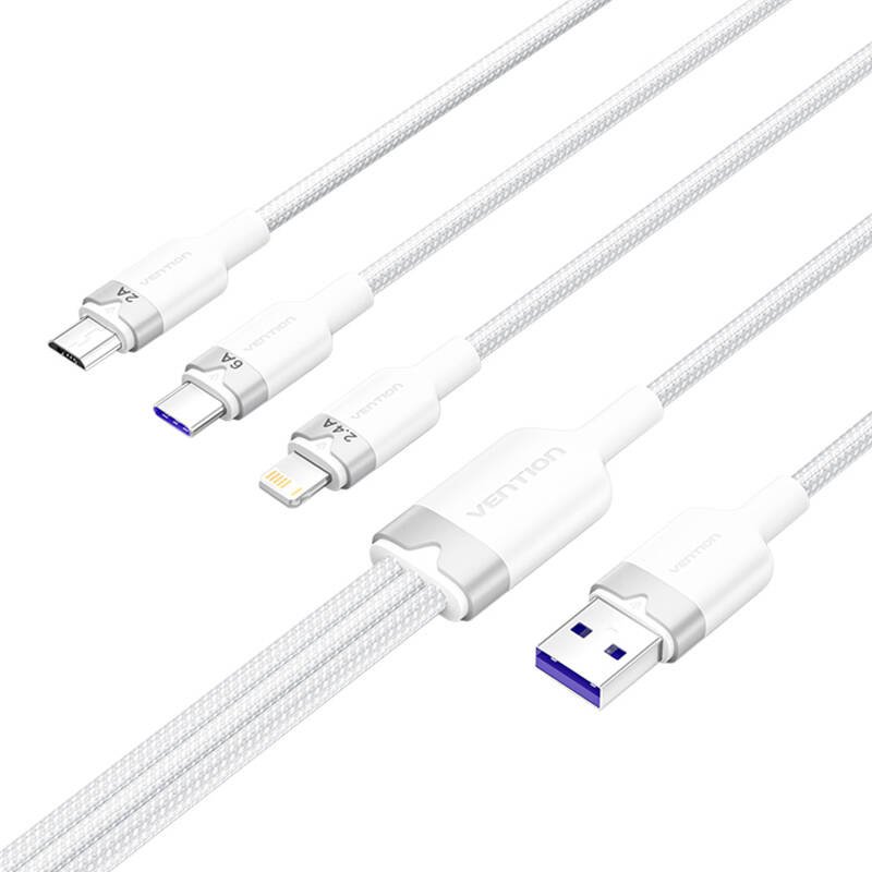 USB 2.0 A to 3-in-1 6A cable Vention CTRWG 1.5M (white)