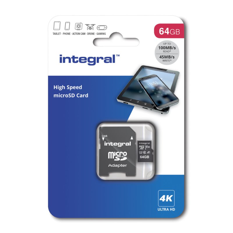 Integral INMSDX64G-100V30 64GB MICRO SD CARD MICROSDXC UHS-1 U3 CL10 V30 A1 UP TO 100MBS READ 45MBS WRITE 64 Go MicroSD