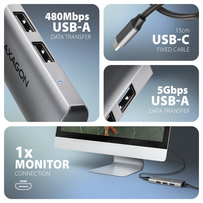 Axagon HMC-H3A station d'accueil Avec fil USB 3.2 Gen 1 (3.1 Gen 1) Type-C Argent