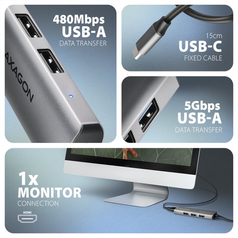 AXAGON HMC-H3A USB-Hub, 3x USB-A, 1x HDMI 1.4b - silber