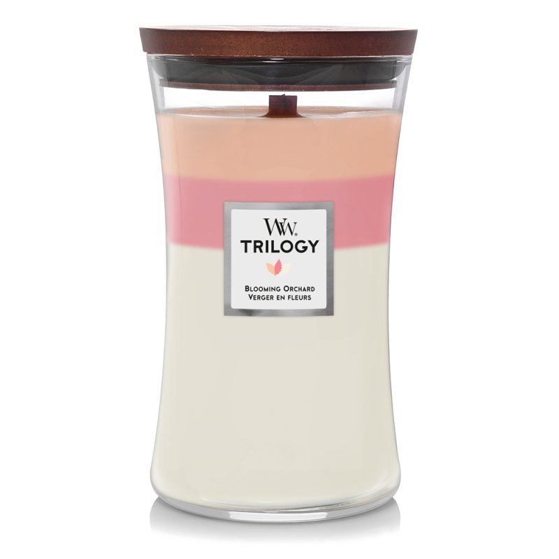 WoodWick Blooming Orchard Trilogy Large Jar bougie en cire Rond Pêche, Rose, Blanc 1 pièce(s)