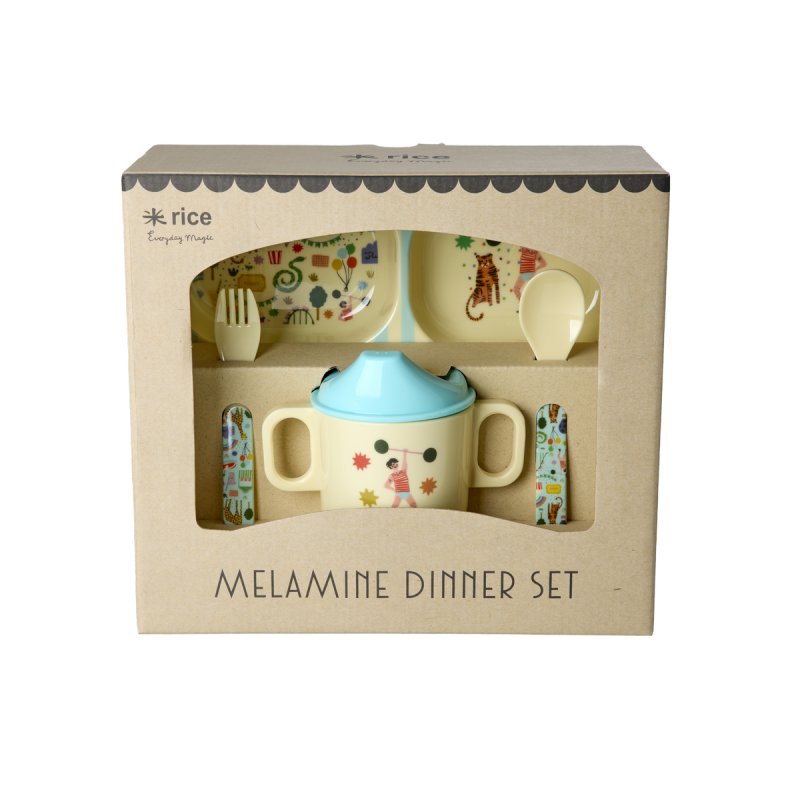 Rice - Melamine Baby Dinner Set - Fun Fair Print - Mint and Blue