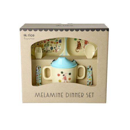 Rice - Melamine Baby Dinner Set - Fun Fair Print - Mint and Blue