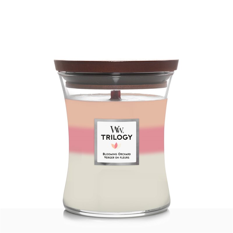 WoodWick Blooming Orchard Trilogy Medium Jar bougie en cire Rond Orange, Rose, Blanc 1 pièce(s)