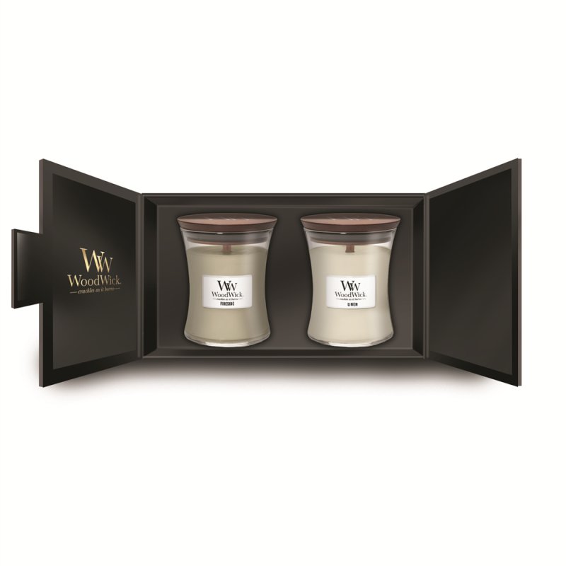 Woodwick Scented Candle Gift Set | Fireside & Linen, Hourglass Glass Scented Candle With