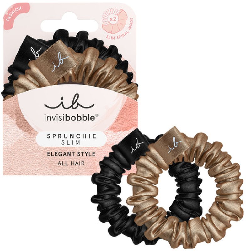 Invisibobble Sprunchie Slim Black Gold Fabric Hair Bobbles for Girls and Women - Pack of 2