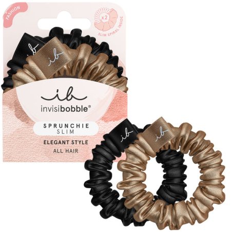 Invisibobble Sprunchie Slim Black Gold Fabric Hair Bobbles for Girls and Women - Pack of 2