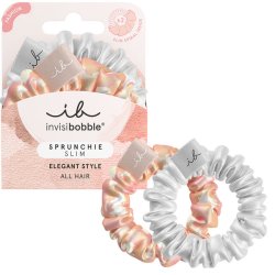 Invisibobble Scrunchie Slim Bella Chrome 2 Fabric Hair Bobbles Apricot & Silver Silk Scrunchie with Spiral Hair Elastic
