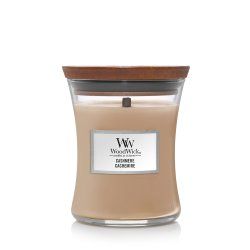 WoodWick Cashmere bougie en cire Cylindre Mûre, Cèdre, Fruité, Gingembre, Orris, Poire, Baie rose, Coing, Bois de