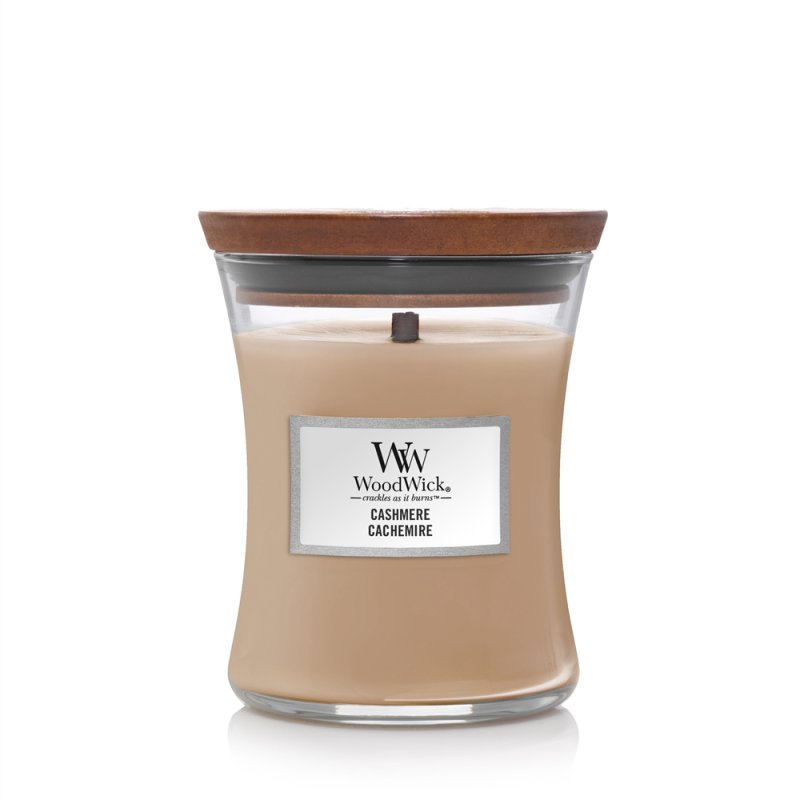 WoodWick Cashmere bougie en cire Cylindre Mûre, Cèdre, Fruité, Gingembre, Orris, Poire, Baie rose, Coing, Bois de