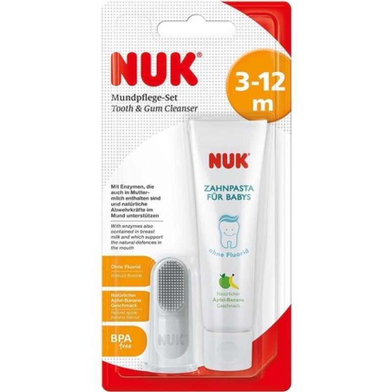 NUK Oral Care Set with Natural Apple/Banana Flavored Baby Toothpaste and Finger Toothbrush