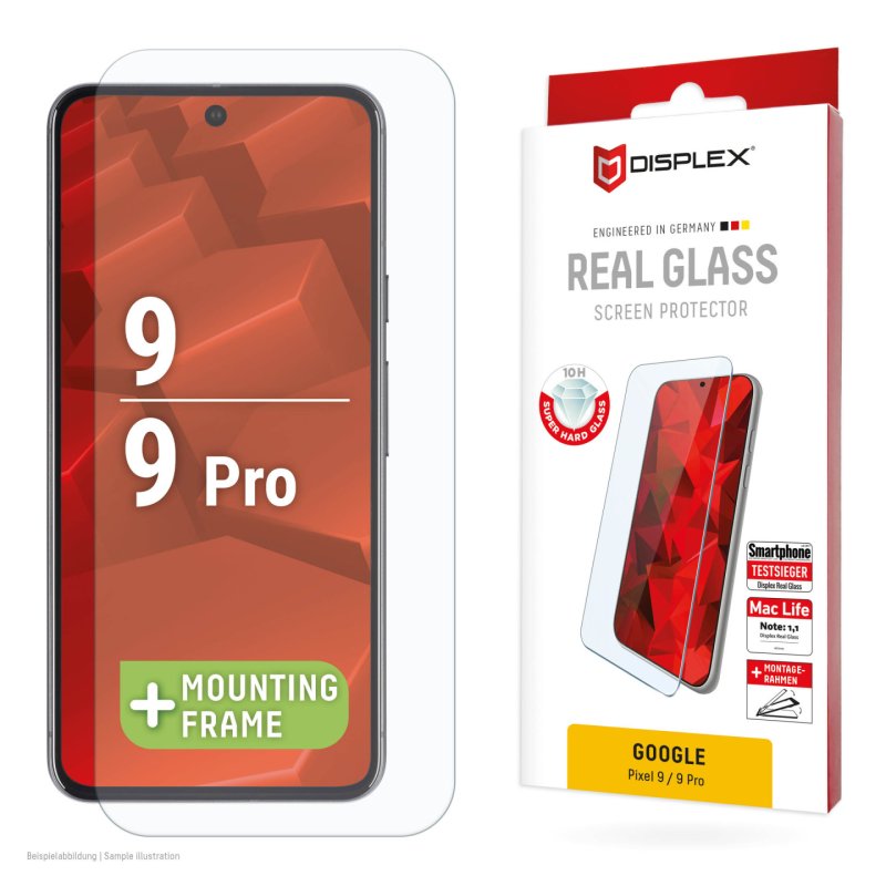 Displex Screen Protector (10H) for Google Pixel 9, Pixel 9 Pro, Eco Mounting Frame, scratch resistant