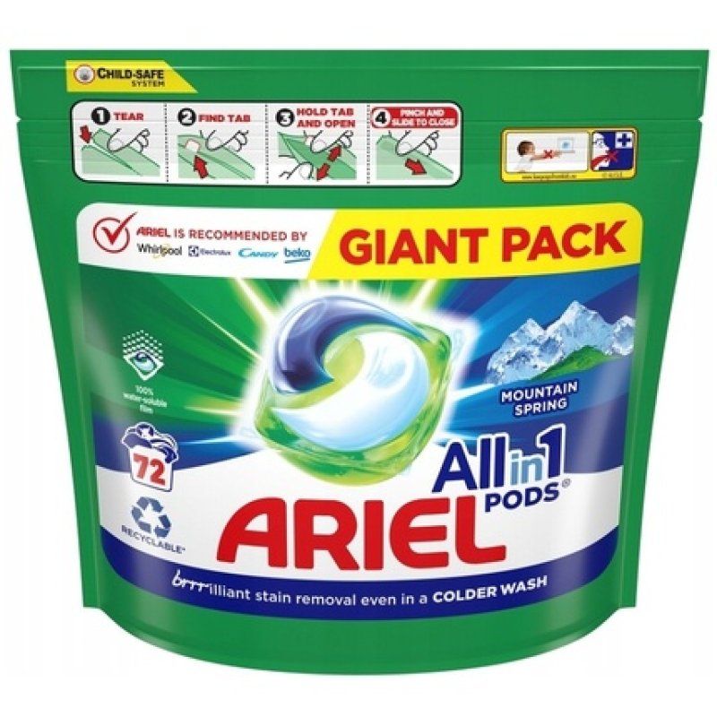 Ariel Mountain Spring Laundry Capsules 72 Compact Pods