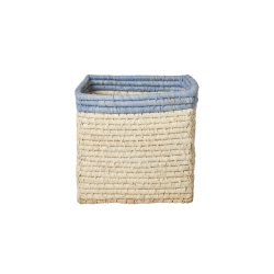 Rice - Raffia Basket without Handles in Nature with Blue Border - 20 cm x 20 cm x 20 cm - natural with blue border