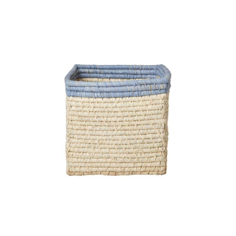 Rice - Raffia Basket without Handles in Nature with Blue Border - 20 cm x 20 cm x 20 cm - natural with blue border