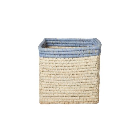 Rice - Raffia Basket without Handles in Nature with Blue Border - 20 cm x 20 cm x 20 cm - natural with blue border