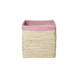 Rice - Raffia Basket without Handles in Nature with Soft Pink Border - 20 cm x 20 cm x 20 cm - natural with soft pink