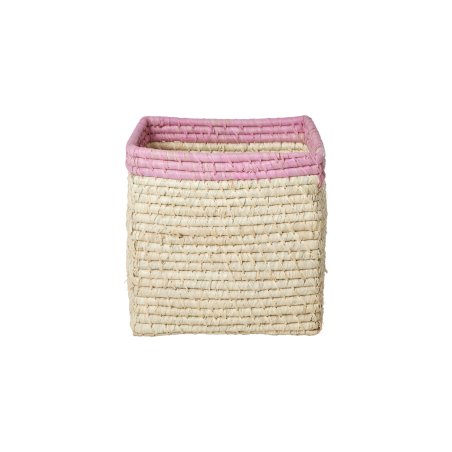 Rice - Raffia Basket without Handles in Nature with Soft Pink Border - 20 cm x 20 cm x 20 cm - natural with soft pink
