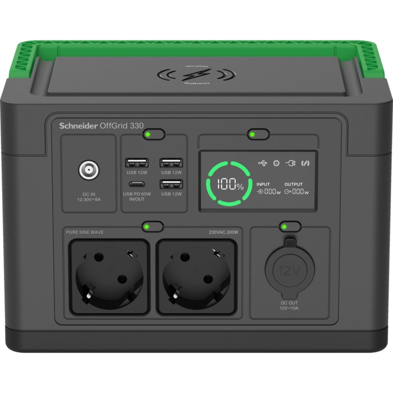 Schneider tragbare OffGrid Powerstation 330 (schwarz/grün, Lithium-Ionen Akku 332Wh, 2x 230V 300W, 3x USB-A, 1x USB-C