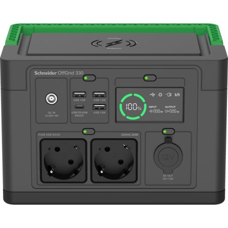 Schneider tragbare OffGrid Powerstation 330 (schwarz/grün, Lithium-Ionen Akku 332Wh, 2x 230V 300W, 3x USB-A, 1x USB-C
