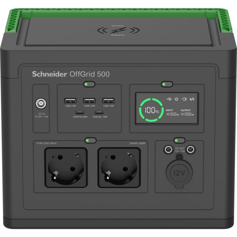Schneider tragbare OffGrid Powerstation 500 (schwarz/grün, Lithium-Ionen Akku 517Wh, 2x 230V 500W, 3x USB-A, 2x USB-C