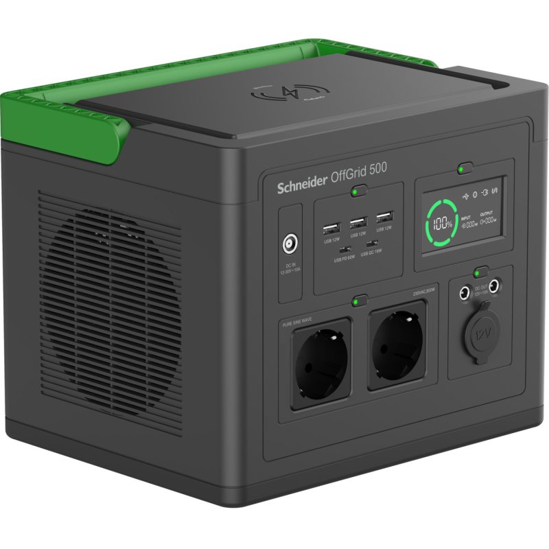 Schneider tragbare OffGrid Powerstation 500 (schwarz/grün, Lithium-Ionen Akku 517Wh, 2x 230V 500W, 3x USB-A, 2x USB-C