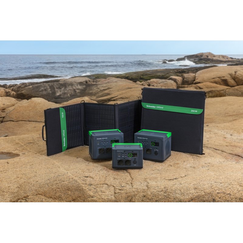 Schneider tragbare OffGrid Powerstation 500 (schwarz/grün, Lithium-Ionen Akku 517Wh, 2x 230V 500W, 3x USB-A, 2x USB-C
