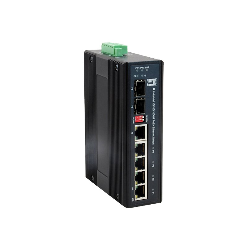 LevelOne 6-Port Gigabit PoE Industrial Switch, 802.3at/af PoE, 4 PoE Outputs, 1 x SFP, 1 x SFP/RJ45 Combo, -40°C to