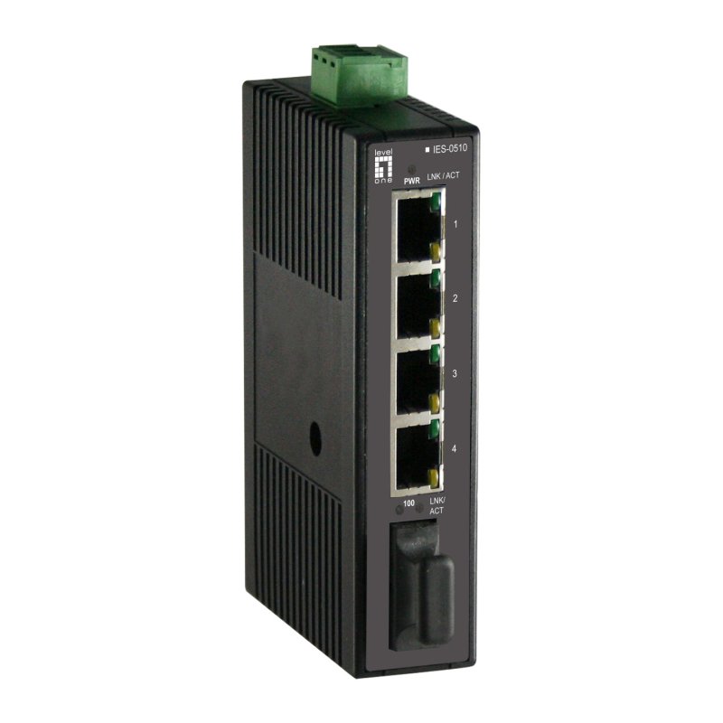 LevelOne 5-Port Fast Ethernet Industrial Switch, DIN-Rail, 1 x SC Multi-Mode Fiber, -20°C to 70°C