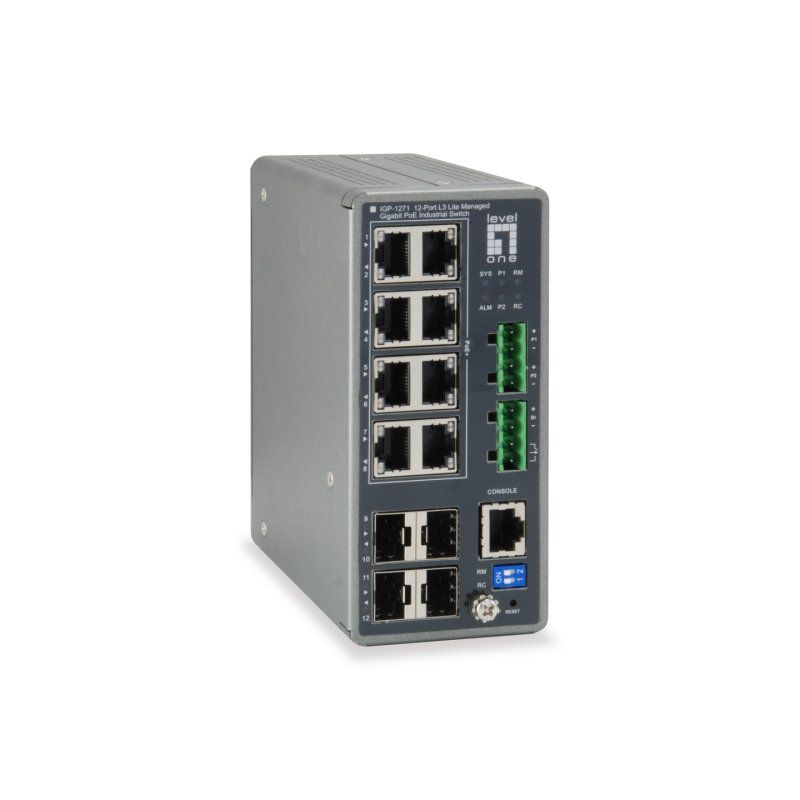 LevelOne TURING 12-Port L3 Lite Managed Gigabit Industrial Switch, 8 PoE Outputs, 240W, 802.3at/af PoE, 4 x SFP, -40°C