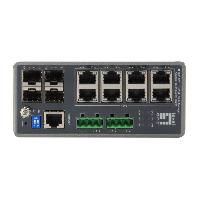LevelOne TURING 12-Port L3 Lite Managed Gigabit Industrial Switch, 8 PoE Outputs, 240W, 802.3at/af PoE, 4 x SFP, -40°C
