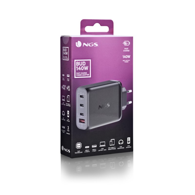 Chargeur secteur NGS Bud 3x USB-C 1x USB-A 140W (Noir)