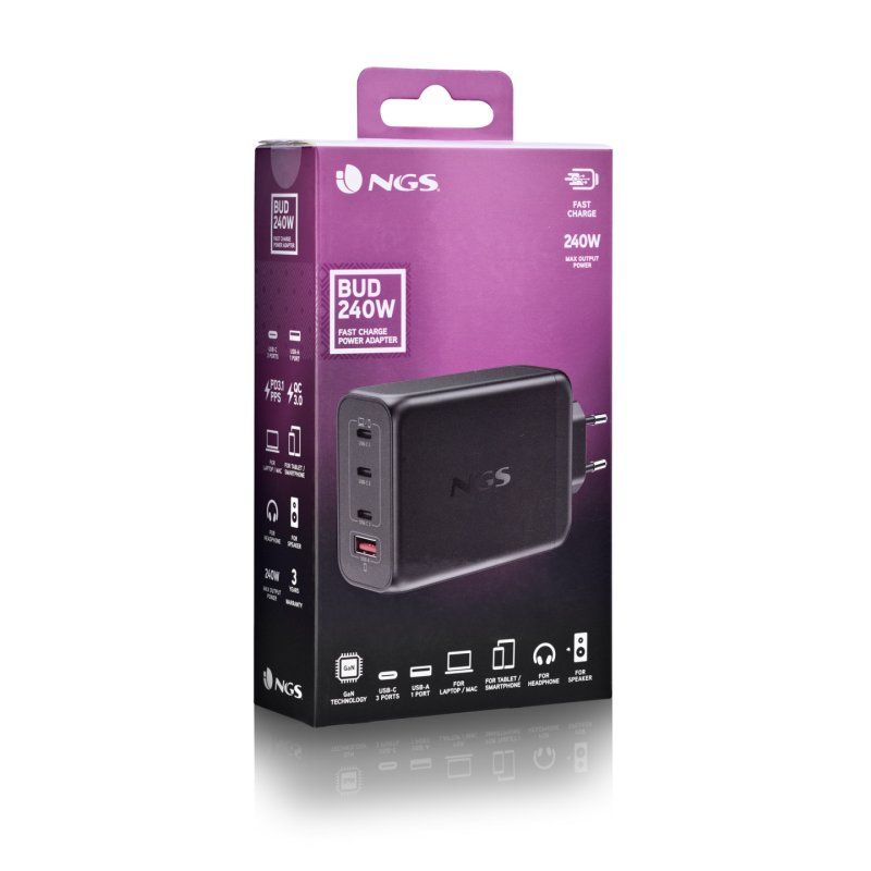 Chargeur secteur NGS Bud 3x USB-C 1x USB-A 240W (Noir)