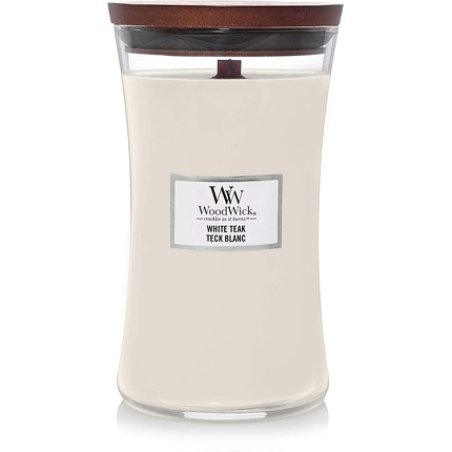 Large Woodwick Hourglass Scented Candle With Crackling Wick, White Teak, Bis