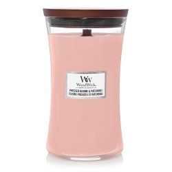 WoodWick Pressed Blooms & Patchouli bougie en cire Cylindre Carnation, Cèdre, Genévrier, Mousse, Fleur d'oranger,