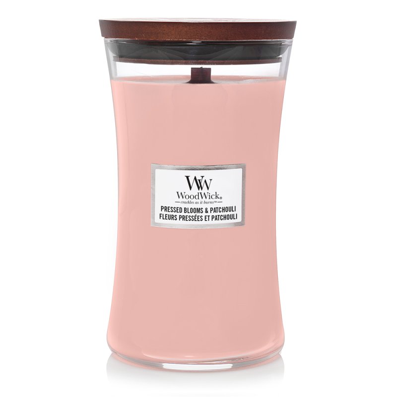 WoodWick Pressed Blooms & Patchouli wax candle Cylinder Carnation, Cedarwood, Juniper, Moss, Orange blossom, Patchouli,