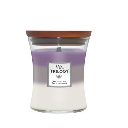WoodWick Amethyst Sky Trilogy bougie en cire Cylindre Ambre, Jasmin, Lavande, Cuir, Bois de santal, Suédine, Vanille,