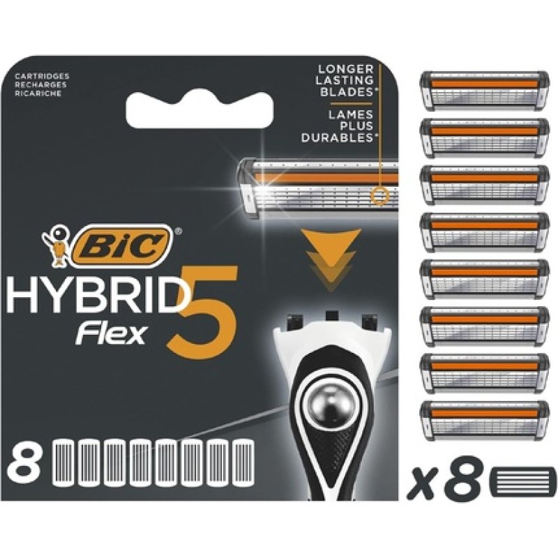 Bic Hybrid 5 Flex Men's Razor Refills with 5 Moveable Nano-Tech Titanium Blades 8 Cartridges Black/White