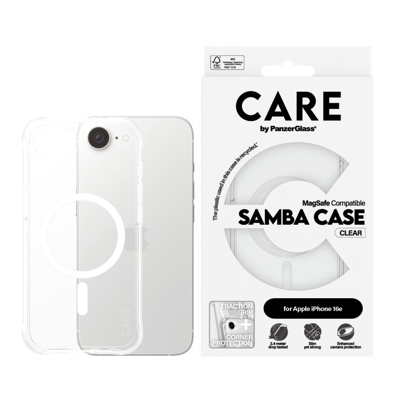 PanzerGlass CARE by Fashionable Case Samba Transparent w. White Qi Compatible iPhone 16e