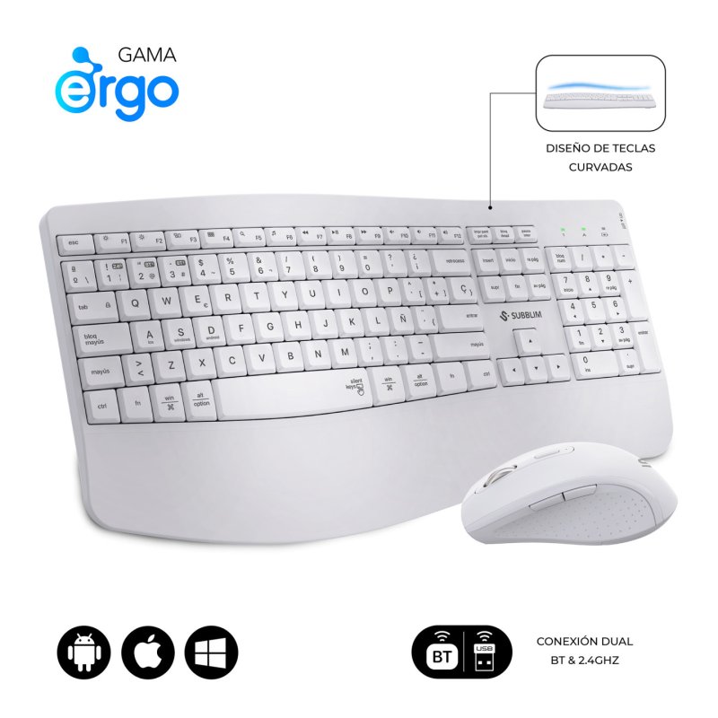 SUBBLIM SUBKBC-DCOPW1 clavier Souris incluse maison/bureau RF sans fil Bluetooth QWERTY Espagnole Blanc