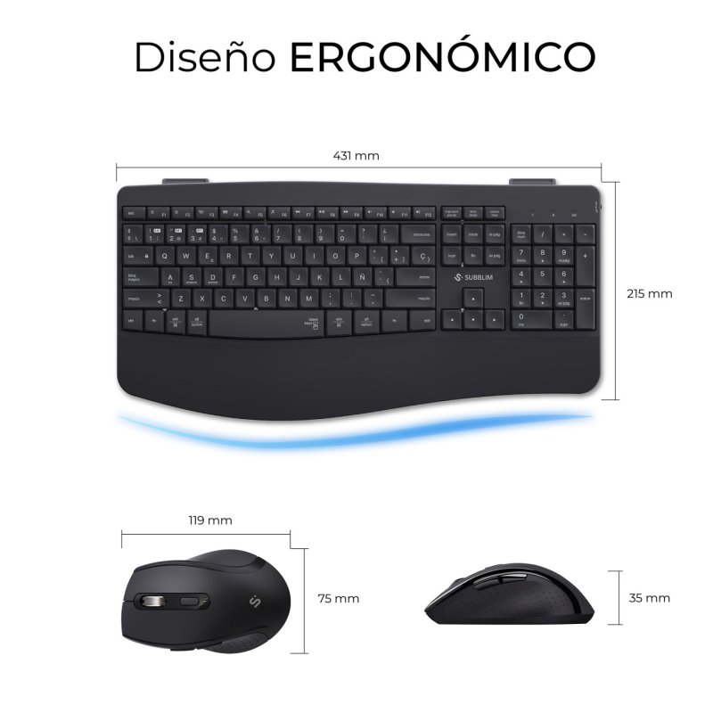 SUBBLIM SUBKBC-DCOPW2 clavier Souris incluse maison/bureau RF sans fil Bluetooth QWERTY Espagnole Noir