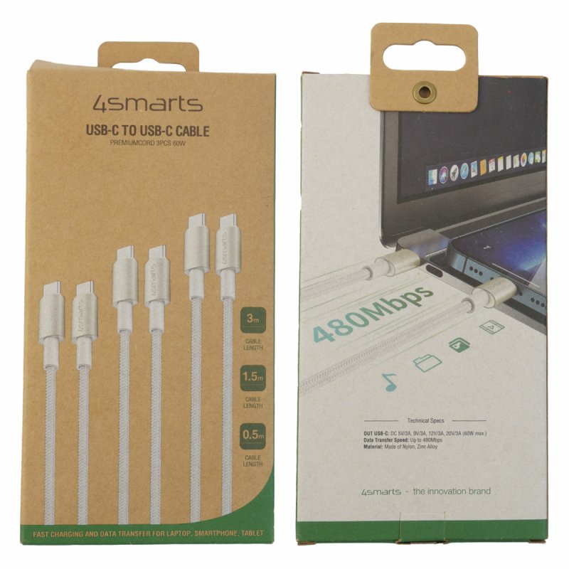4smarts USB-C auf USB-C Kabel PremiumCord 60W 3erSet wei/silb